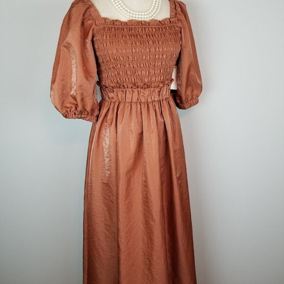 Moon River Copper A Line Midi Dress Smocked Bodice Puff Sleeves Medium NEWw/Tags - Picture 8 of 10